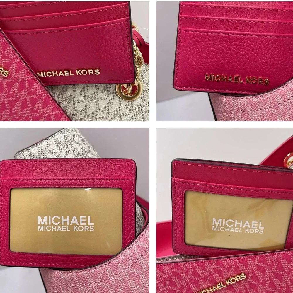 MICHAEL KORS Large Pebbled Leather Card Holder Case Electric Pink  NWT